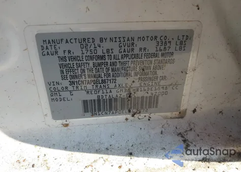 2014 Nissan Versa 1.6 S+ z USA, uszkodzony, nr VIN 3N1CN7AP0EL867172